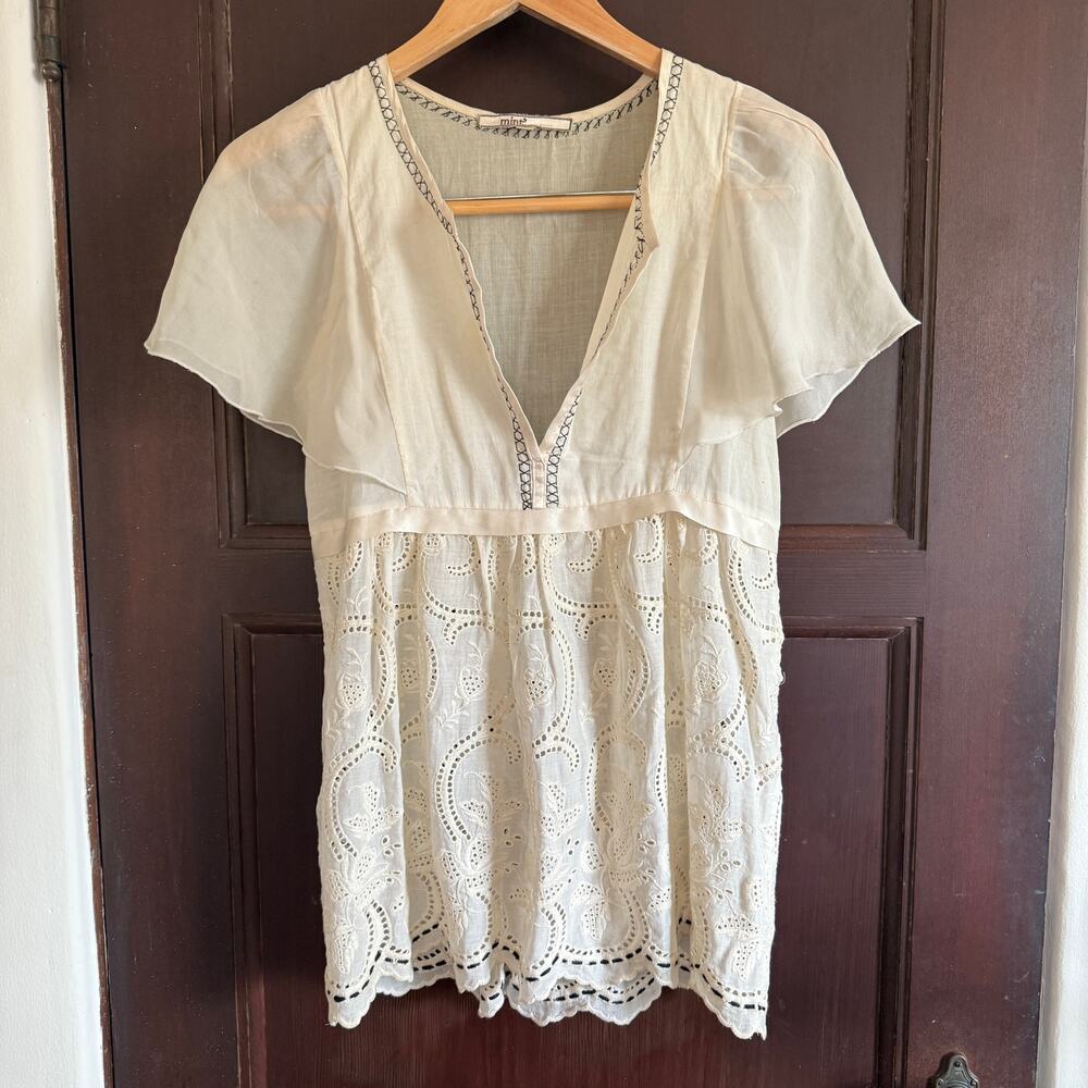 MINT by JODI ARNOLD | Embroidered Cotton Silk Eyelet Babydoll Split Neck Tee | 2
